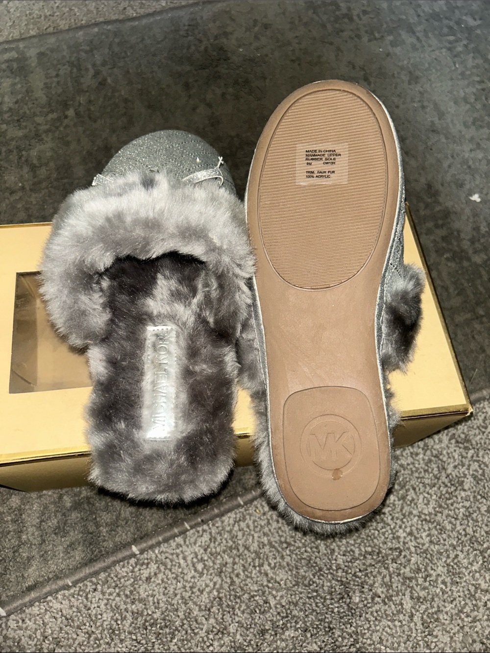 Michael Kors Silver Gray Faux Fur Slide Slippers